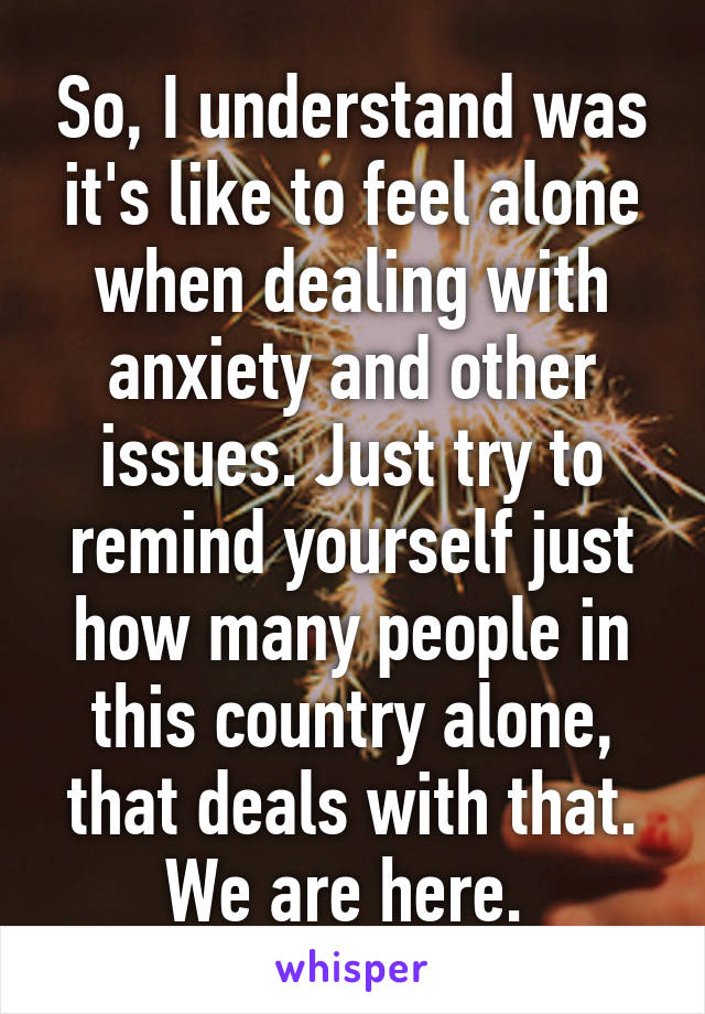 So, I understand was it's like to feel alone when dealing with anxiety and other issues. Just try to remind yourself just how many people in this country alone, that deals with that. We are here. 