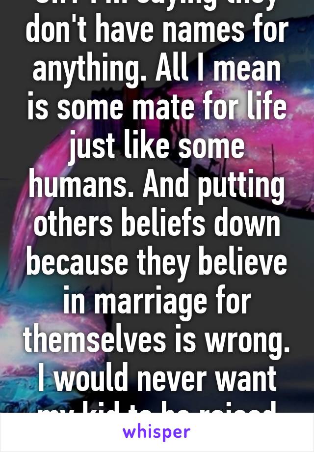 Uh? I'm saying they don't have names for anything. All I mean is some mate for life just like some humans. And putting others beliefs down because they believe in marriage for themselves is wrong. I would never want my kid to be raised without their father  