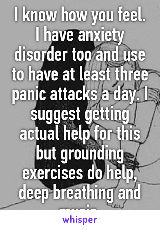 I know how you feel. I have anxiety disorder too and use to have at least three panic attacks a day. I suggest getting actual help for this but grounding exercises do help, deep breathing and music.