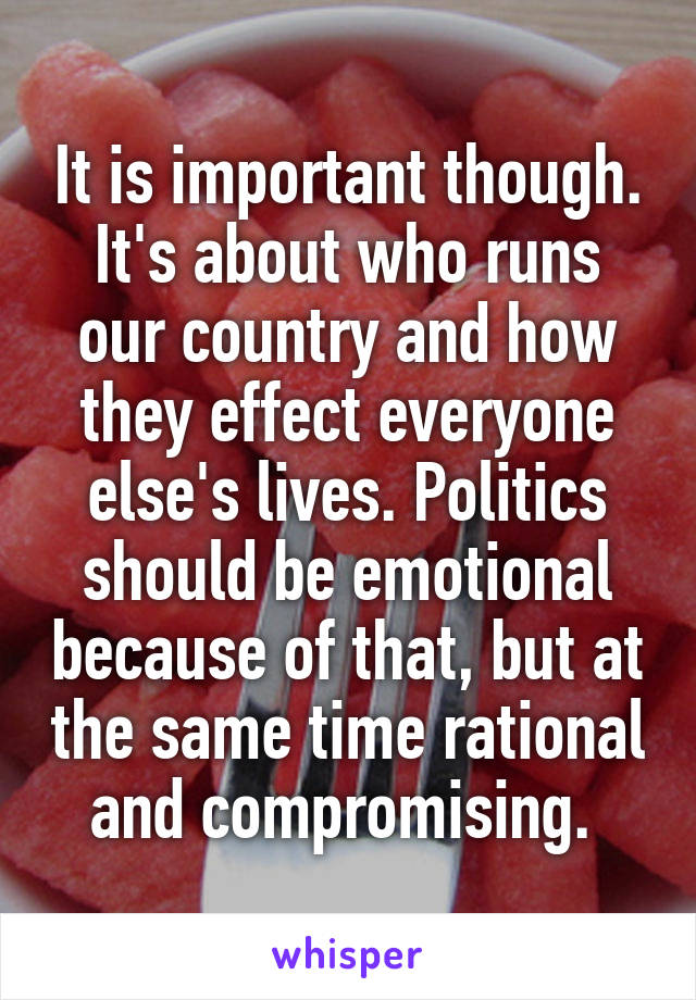 It is important though. It's about who runs our country and how they effect everyone else's lives. Politics should be emotional because of that, but at the same time rational and compromising. 