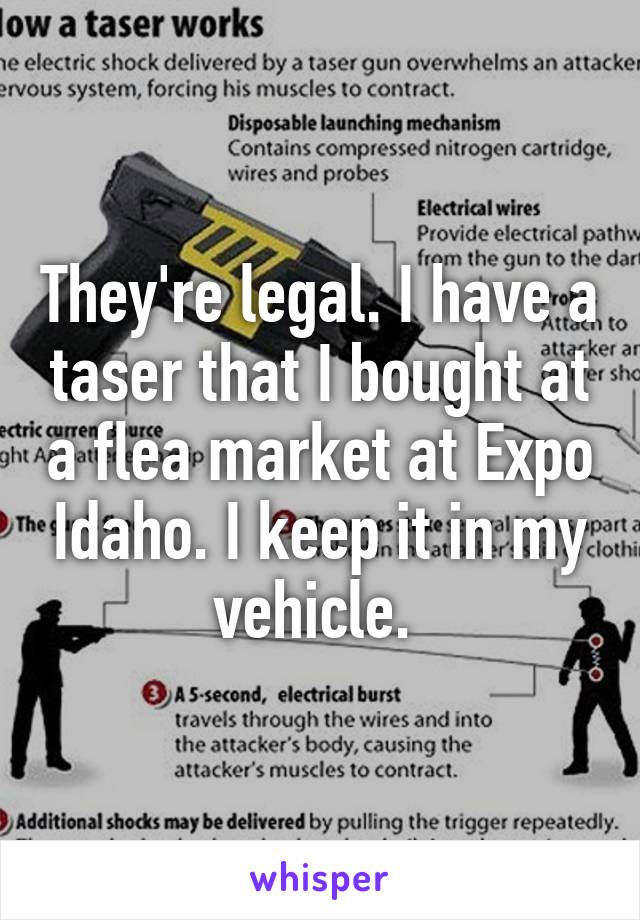 They're legal. I have a taser that I bought at a flea market at Expo Idaho. I keep it in my vehicle. 