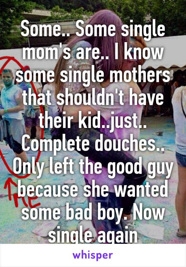 Some.. Some single mom's are.. I know some single mothers that shouldn't have their kid..just.. Complete douches.. Only left the good guy because she wanted some bad boy. Now single again