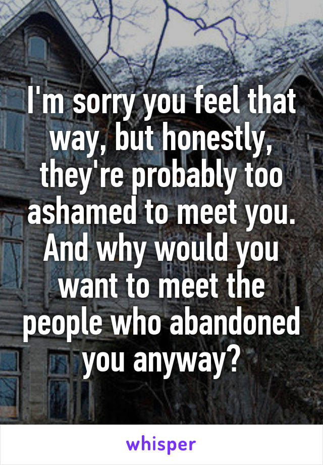 I'm sorry you feel that way, but honestly, they're probably too ashamed to meet you. And why would you want to meet the people who abandoned you anyway?