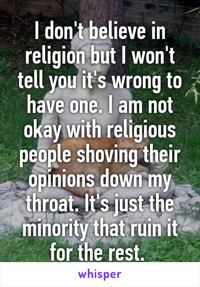 I don't believe in religion but I won't tell you it's wrong to have one. I am not okay with religious people shoving their opinions down my throat. It's just the minority that ruin it for the rest. 