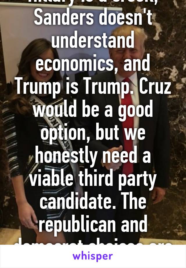 Hillary is a crook, Sanders doesn't understand economics, and Trump is Trump. Cruz would be a good option, but we honestly need a viable third party candidate. The republican and democrat choices are all horrible. 