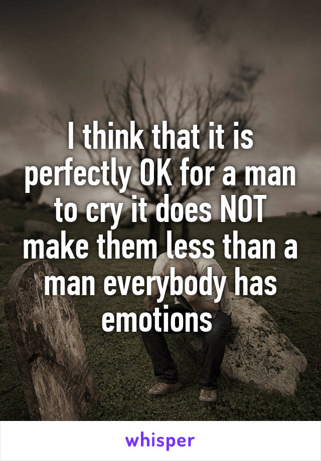 I think that it is perfectly OK for a man to cry it does NOT make them less than a man everybody has emotions 