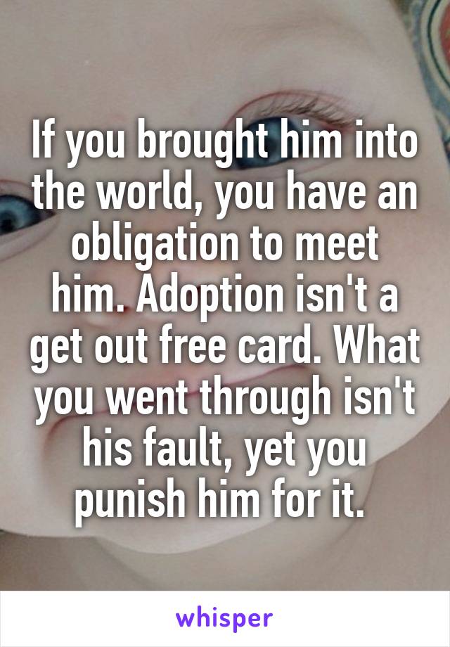 If you brought him into the world, you have an obligation to meet him. Adoption isn't a get out free card. What you went through isn't his fault, yet you punish him for it. 