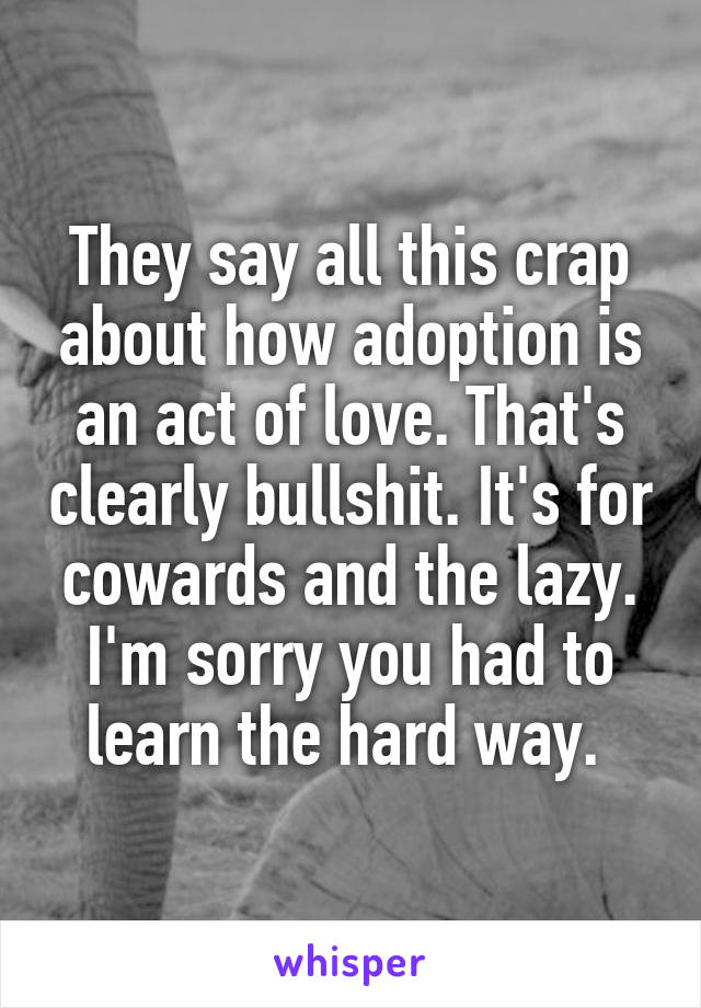 They say all this crap about how adoption is an act of love. That's clearly bullshit. It's for cowards and the lazy. I'm sorry you had to learn the hard way. 
