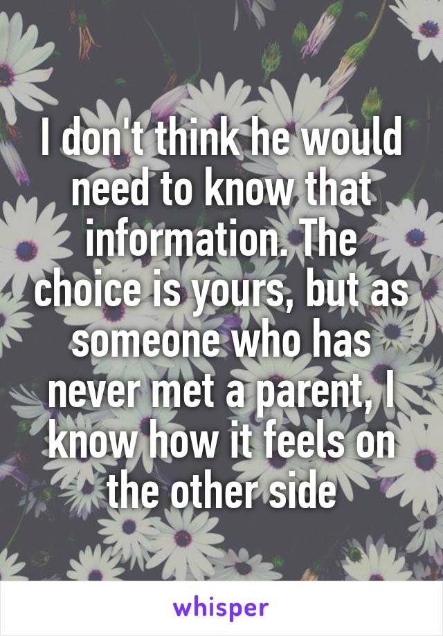 I don't think he would need to know that information. The choice is yours, but as someone who has never met a parent, I know how it feels on the other side