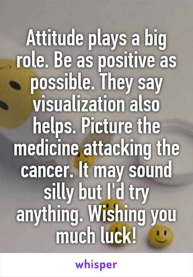 Attitude plays a big role. Be as positive as possible. They say visualization also helps. Picture the medicine attacking the cancer. It may sound silly but I'd try anything. Wishing you much luck!