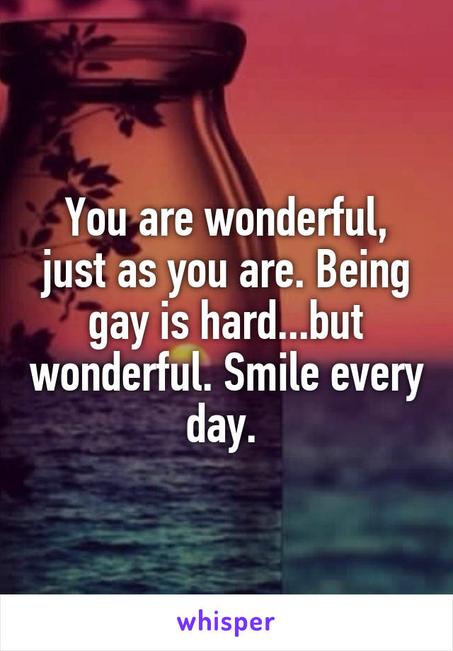 You are wonderful, just as you are. Being gay is hard...but wonderful. Smile every day. 