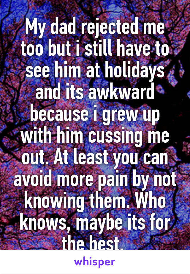 My dad rejected me too but i still have to see him at holidays and its awkward because i grew up with him cussing me out. At least you can avoid more pain by not knowing them. Who knows, maybe its for the best. 