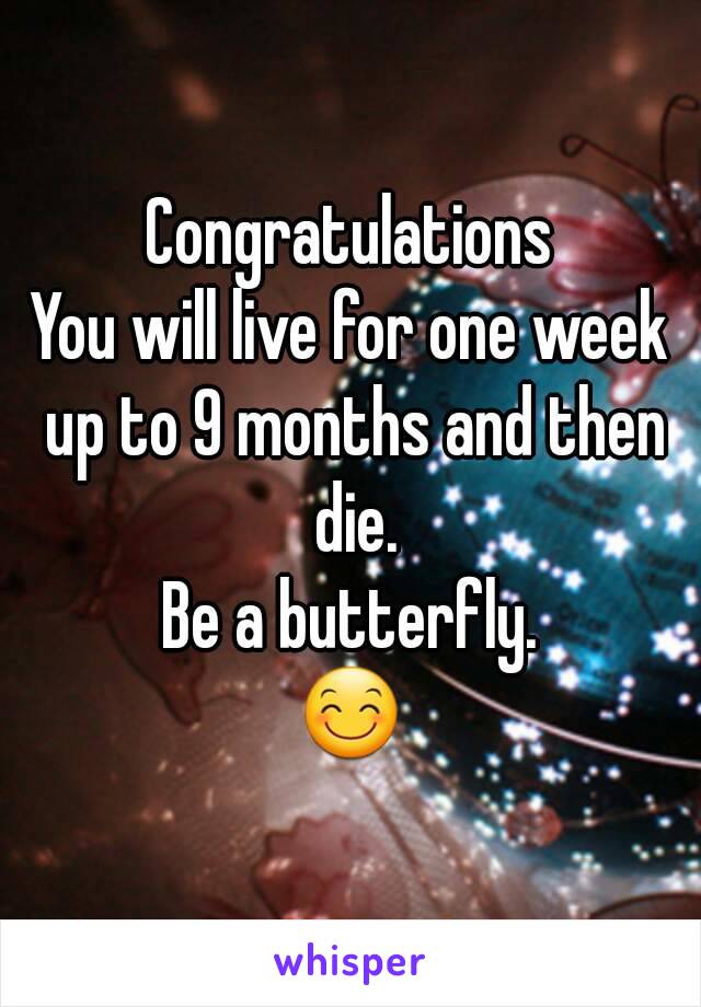 Congratulations
You will live for one week up to 9 months and then die.
Be a butterfly.
😊