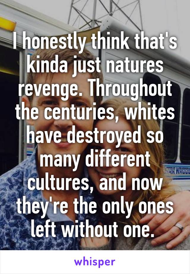 I honestly think that's kinda just natures revenge. Throughout the centuries, whites have destroyed so many different cultures, and now they're the only ones left without one. 
