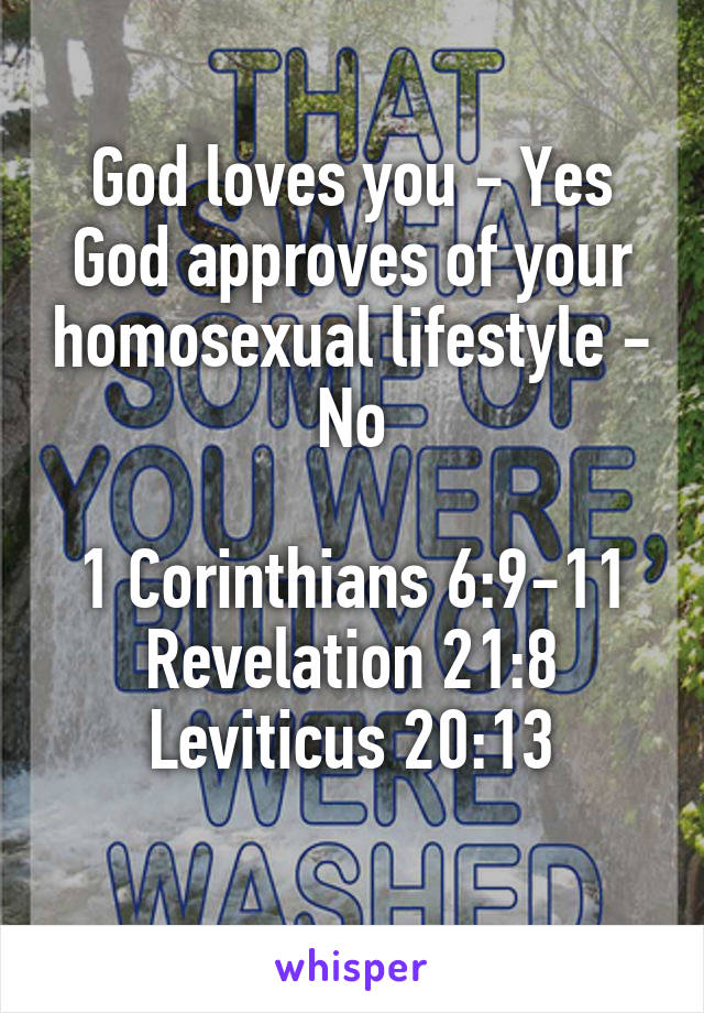 God loves you - Yes
God approves of your homosexual lifestyle - No

1 Corinthians 6:9-11
Revelation 21:8
Leviticus 20:13
