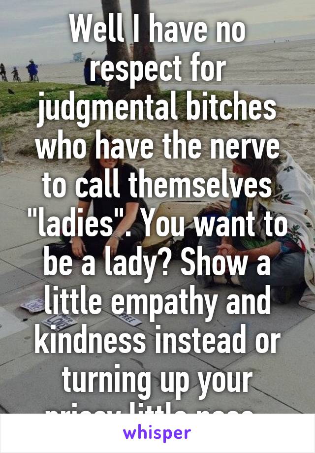 Well I have no respect for judgmental bitches who have the nerve to call themselves "ladies". You want to be a lady? Show a little empathy and kindness instead or turning up your prissy little nose. 