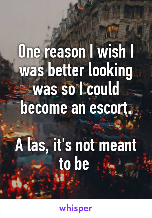 One reason I wish I was better looking was so I could become an escort.

A las, it's not meant to be 