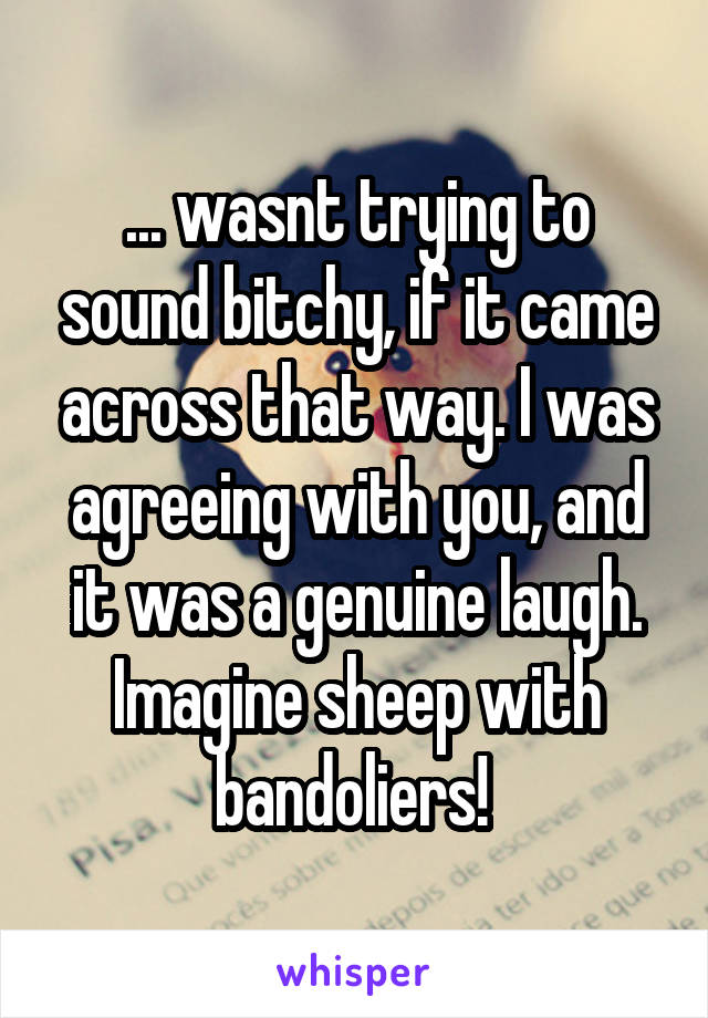 ... wasnt trying to sound bitchy, if it came across that way. I was agreeing with you, and it was a genuine laugh.
Imagine sheep with bandoliers! 