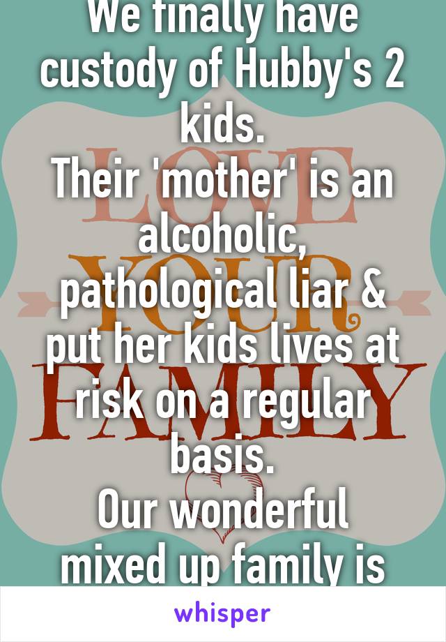 I have to agree.
We finally have custody of Hubby's 2 kids.
Their 'mother' is an alcoholic,
pathological liar & put her kids lives at risk on a regular basis.
Our wonderful mixed up family is happy!
