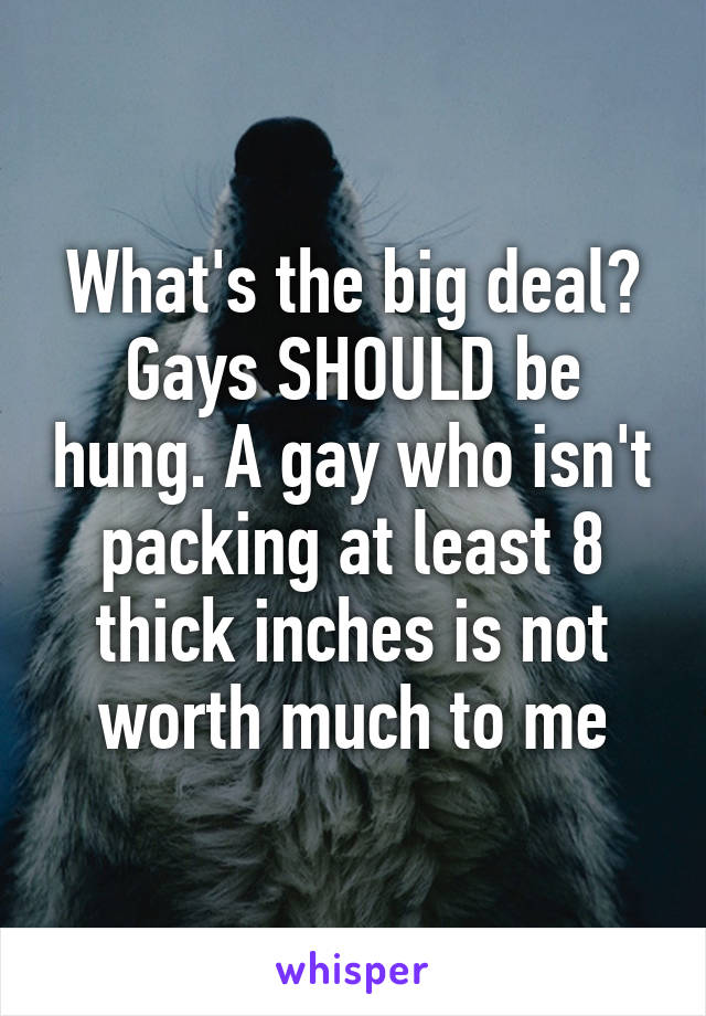 What's the big deal? Gays SHOULD be hung. A gay who isn't packing at least 8 thick inches is not worth much to me
