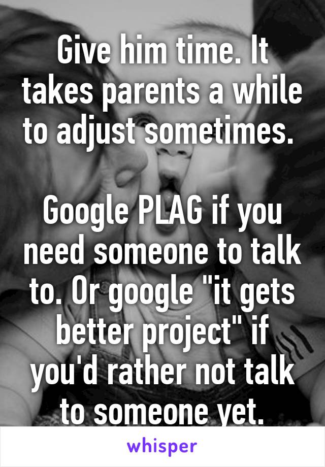 Give him time. It takes parents a while to adjust sometimes. 

Google PLAG if you need someone to talk to. Or google "it gets better project" if you'd rather not talk to someone yet.