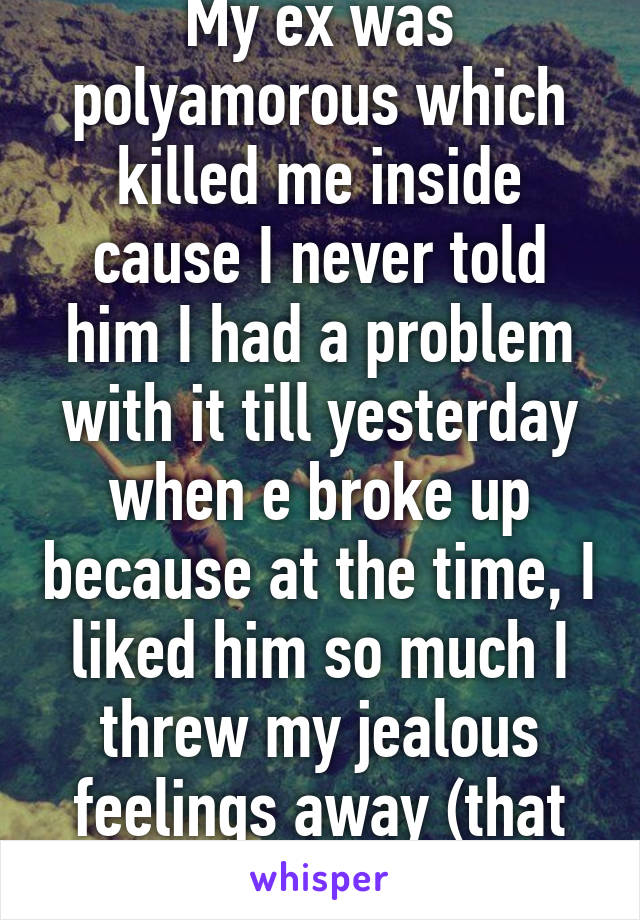 My ex was polyamorous which killed me inside cause I never told him I had a problem with it till yesterday when e broke up because at the time, I liked him so much I threw my jealous feelings away (that didn't work).