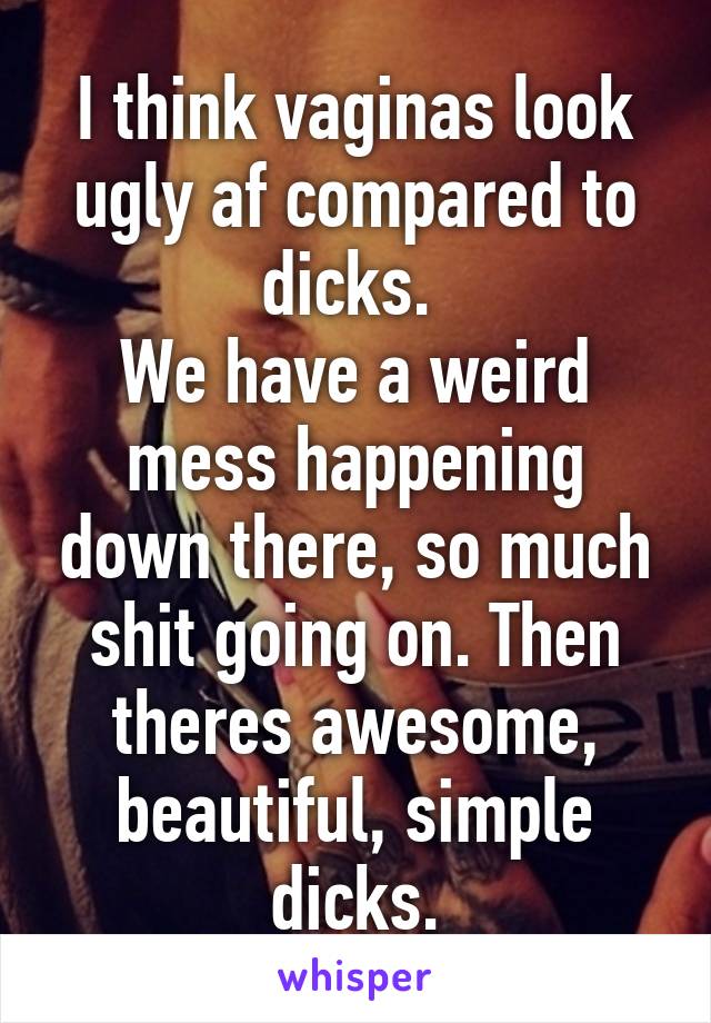 I think vaginas look ugly af compared to dicks. 
We have a weird mess happening down there, so much shit going on. Then theres awesome, beautiful, simple dicks.