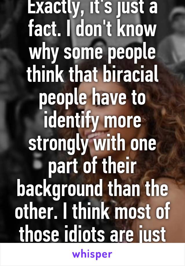Exactly, it's just a fact. I don't know why some people think that biracial people have to identify more strongly with one part of their background than the other. I think most of those idiots are just straight up racists.