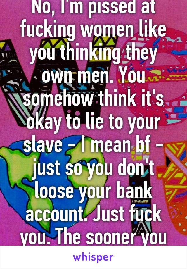 No, I'm pissed at fucking women like you thinking they own men. You somehow think it's okay to lie to your slave - I mean bf - just so you don't loose your bank account. Just fuck you. The sooner you die  the better. 