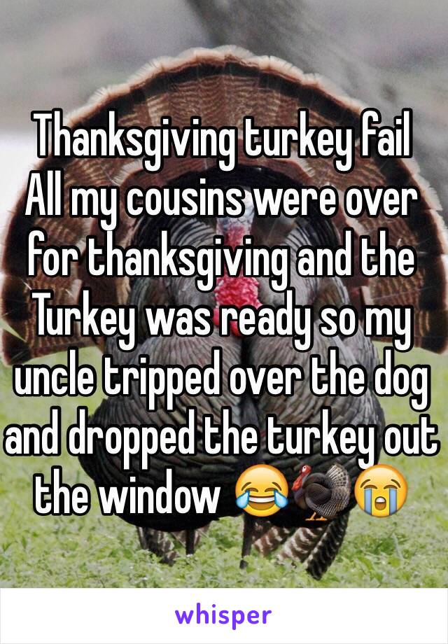 Thanksgiving turkey fail 
All my cousins were over for thanksgiving and the Turkey was ready so my uncle tripped over the dog and dropped the turkey out the window 😂🦃😭