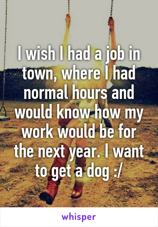 I wish I had a job in town, where I had normal hours and would know how my work would be for the next year. I want to get a dog :/