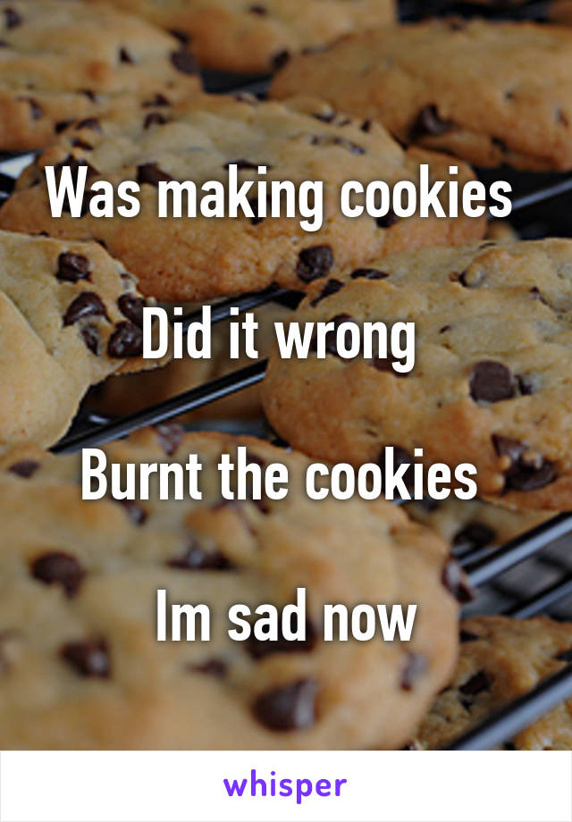 Was making cookies 

Did it wrong 

Burnt the cookies 

Im sad now