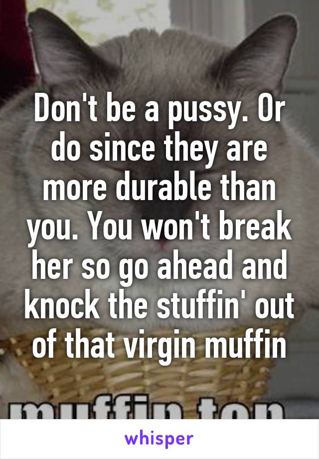 Don't be a pussy. Or do since they are more durable than you. You won't break her so go ahead and knock the stuffin' out of that virgin muffin