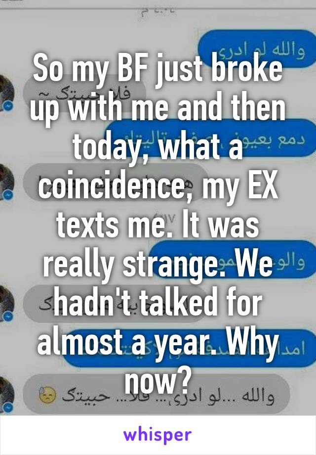 So my BF just broke up with me and then today, what a coincidence, my EX texts me. It was really strange. We hadn't talked for almost a year. Why now?