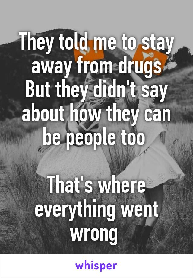 They told me to stay away from drugs
But they didn't say about how they can be people too 

That's where everything went wrong 