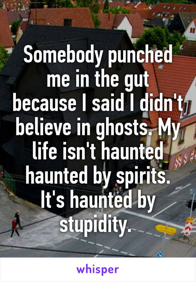 Somebody punched me in the gut because I said I didn't believe in ghosts. My life isn't haunted haunted by spirits. It's haunted by stupidity. 