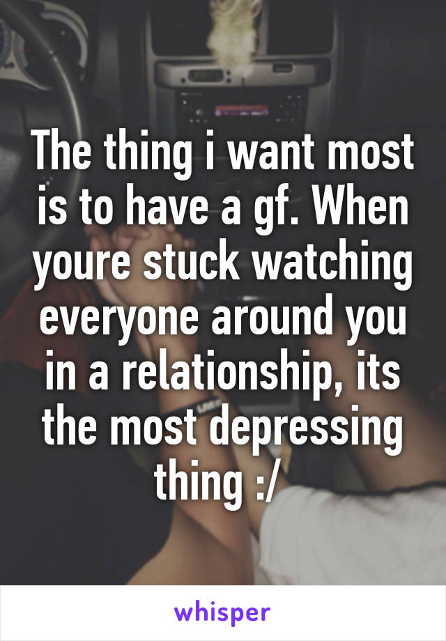 The thing i want most is to have a gf. When youre stuck watching everyone around you in a relationship, its the most depressing thing :/ 