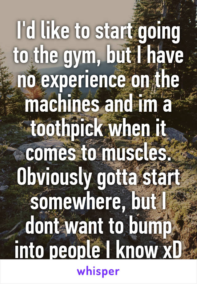 I'd like to start going to the gym, but I have no experience on the machines and im a toothpick when it comes to muscles. Obviously gotta start somewhere, but I dont want to bump into people I know xD