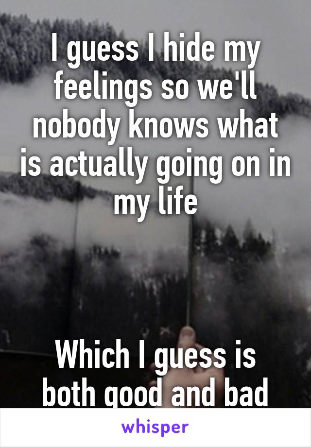 I guess I hide my feelings so we'll nobody knows what is actually going on in my life



Which I guess is both good and bad