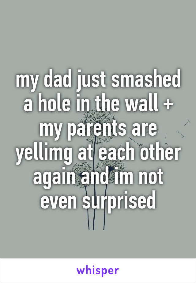 my dad just smashed a hole in the wall + my parents are yellimg at each other again and im not even surprised