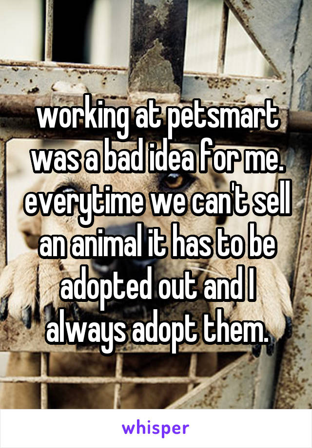 working at petsmart was a bad idea for me. everytime we can't sell an animal it has to be adopted out and I always adopt them.