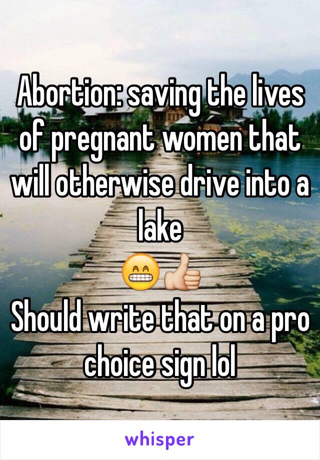 Abortion: saving the lives of pregnant women that will otherwise drive into a lake 
😁👍
Should write that on a pro choice sign lol