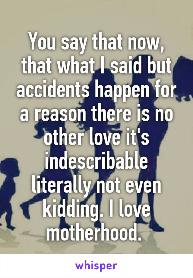 You say that now, that what I said but accidents happen for a reason there is no other love it's indescribable literally not even kidding. I love motherhood. 