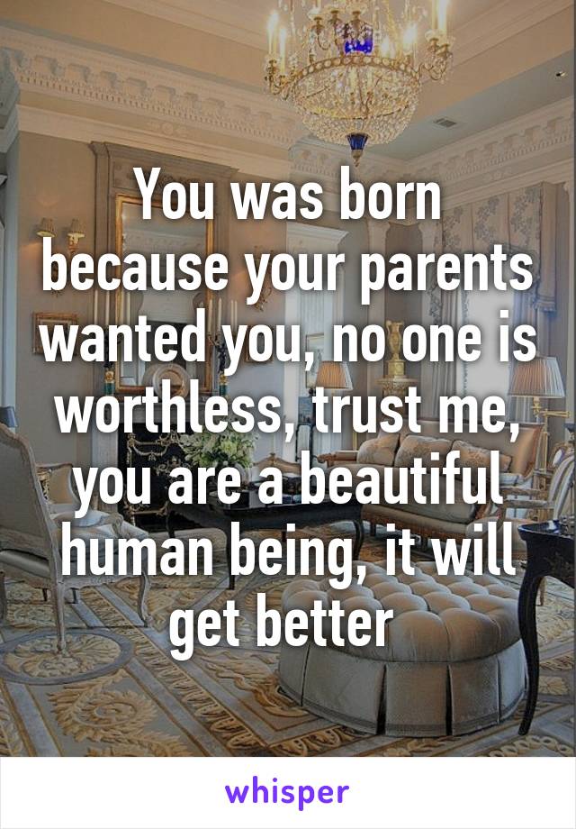 You was born because your parents wanted you, no one is worthless, trust me, you are a beautiful human being, it will get better 