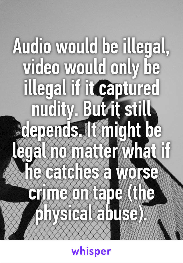 Audio would be illegal, video would only be illegal if it captured nudity. But it still depends. It might be legal no matter what if he catches a worse crime on tape (the physical abuse).