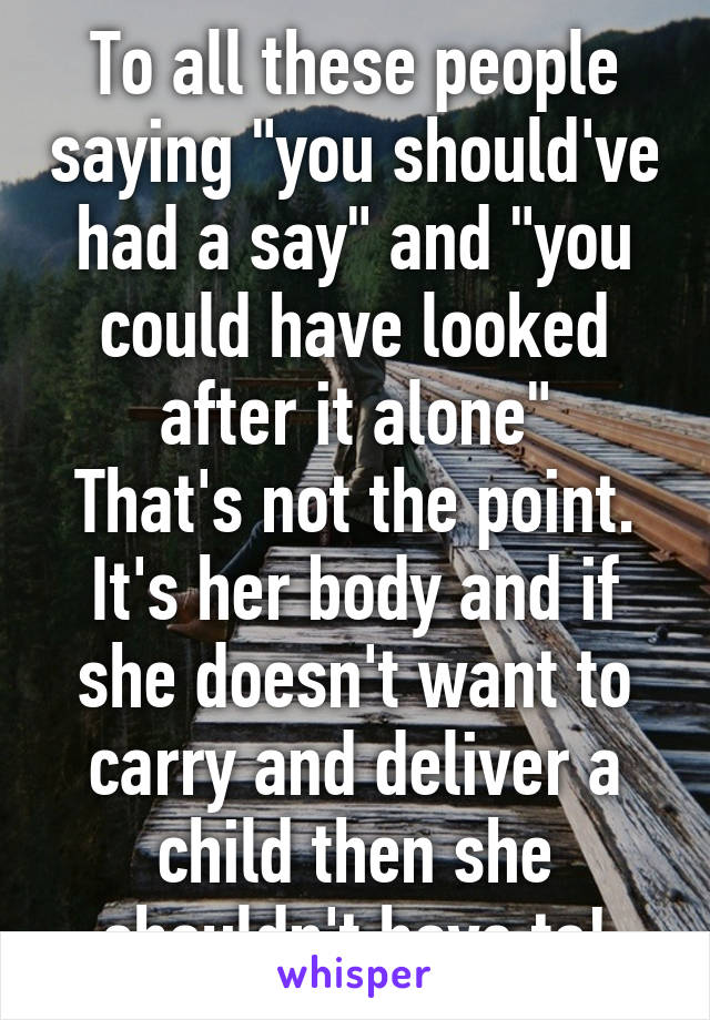 To all these people saying "you should've had a say" and "you could have looked after it alone"
That's not the point. It's her body and if she doesn't want to carry and deliver a child then she shouldn't have to!