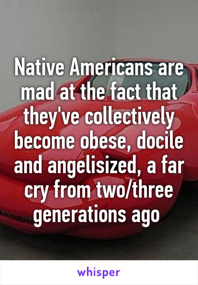 Native Americans are mad at the fact that they've collectively become obese, docile and angelisized, a far cry from two/three generations ago 