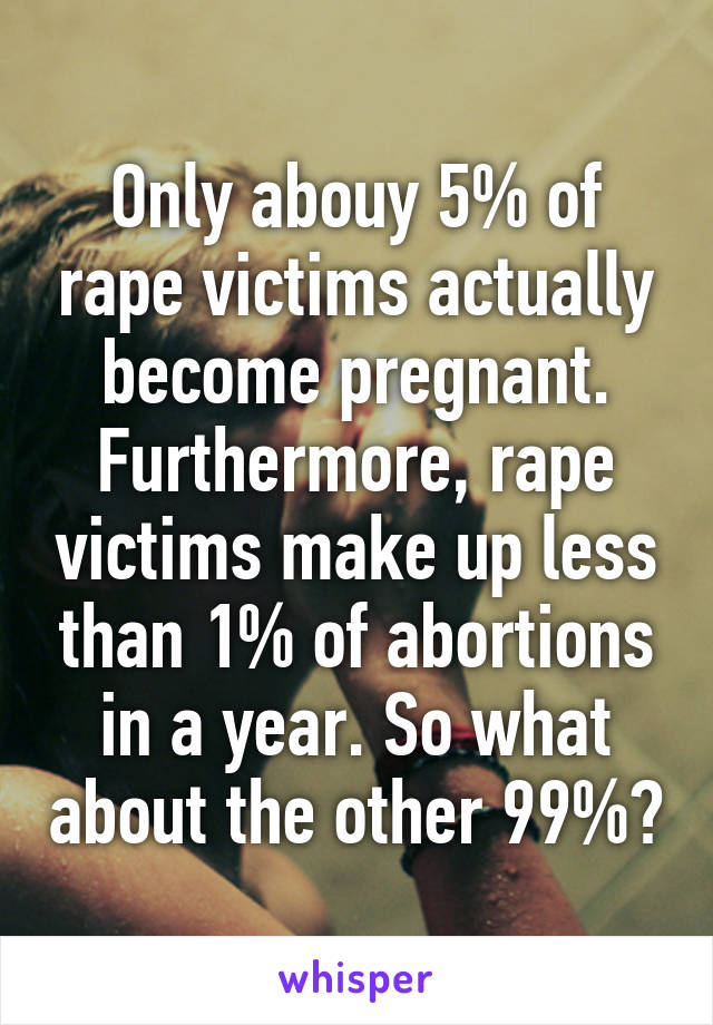 Only abouy 5% of rape victims actually become pregnant. Furthermore, rape victims make up less than 1% of abortions in a year. So what about the other 99%?