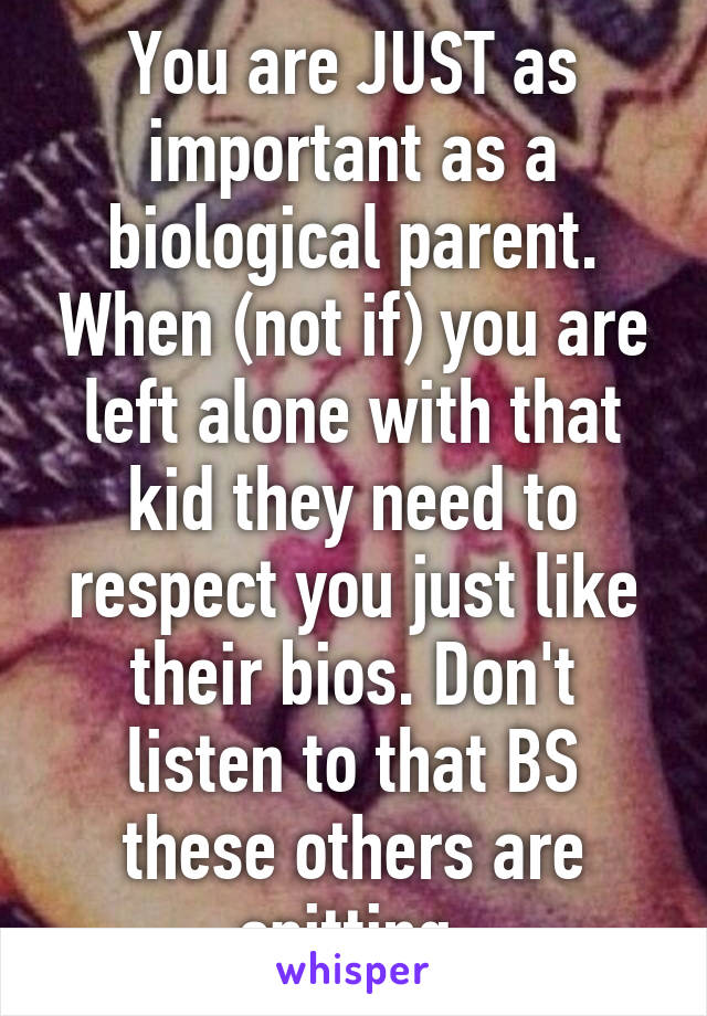 You are JUST as important as a biological parent. When (not if) you are left alone with that kid they need to respect you just like their bios. Don't listen to that BS these others are spitting.