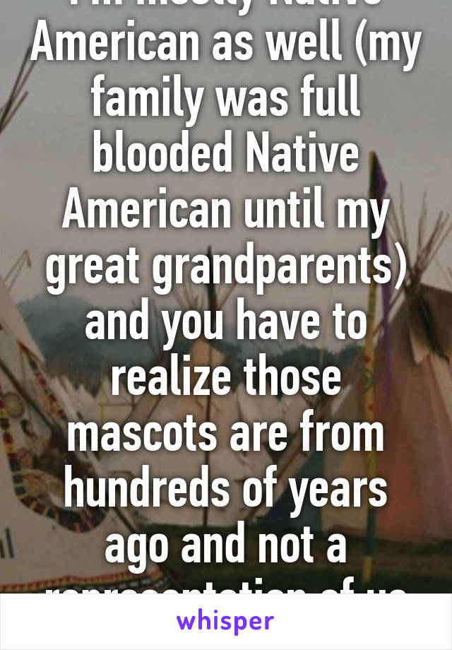 I'm mostly Native American as well (my family was full blooded Native American until my great grandparents) and you have to realize those mascots are from hundreds of years ago and not a representation of us now 